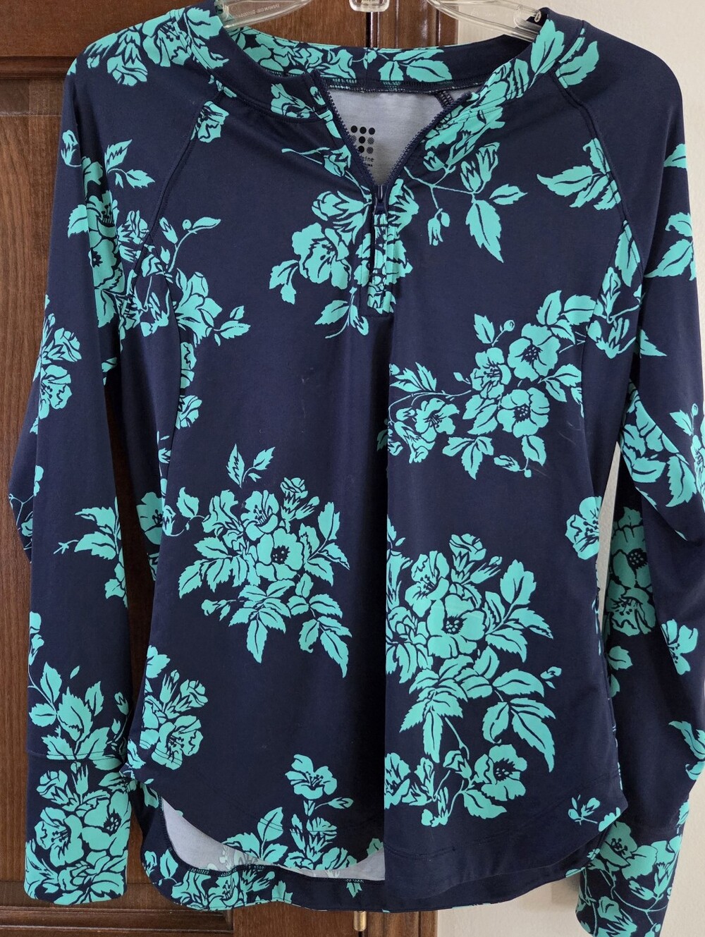 Title Nine Navy Floral Zip Neck Long Sleeve Rashguard Top - Teal Print, M